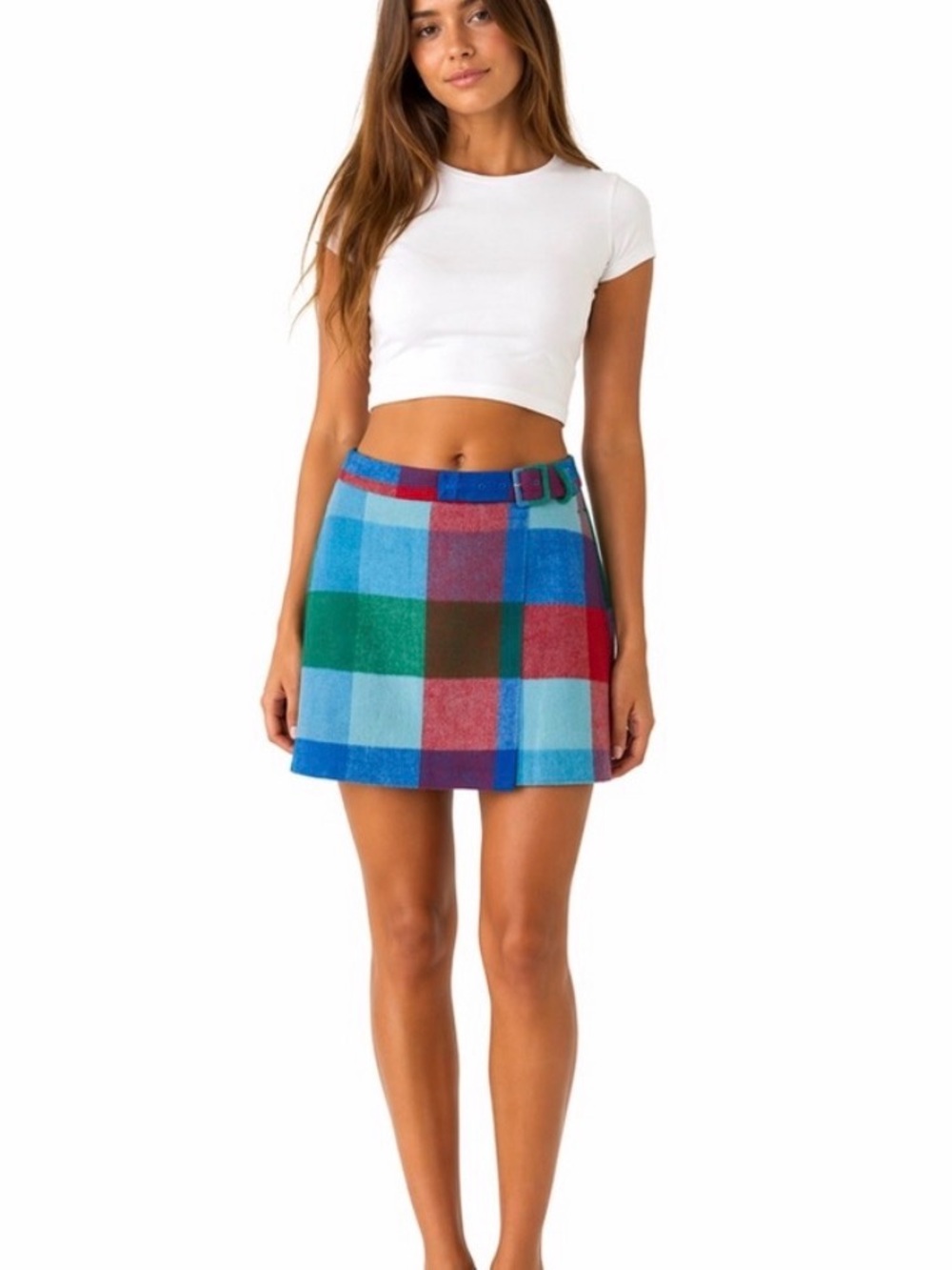 Free Assembly Plaid Mini Skirt with Belt - Multi Blue